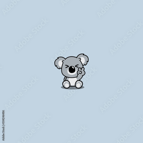Cute koala sitting and showing V sign hand cartoon icon, vector illustration
