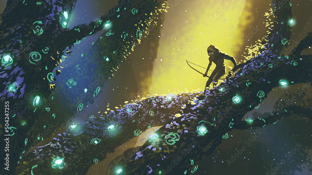 Naklejka premium Archer standing on a tree in the fantasy forest, digital art style, illustration painting