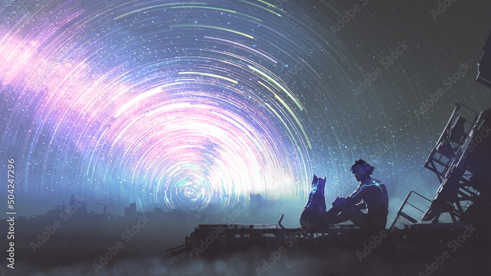 man and his pet in futuristic suit siting and looking at the star trail in the sky, digital art style, illustration painting - obrazy, fototapety, plakaty 