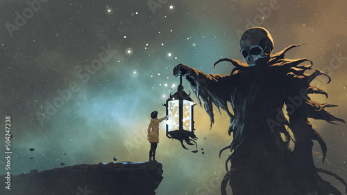 Leinwand Poster Girl handing a lantern to the watcher, digital art style, illustration painting