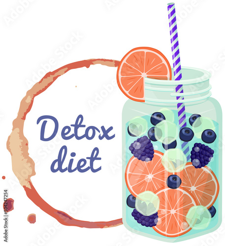 Detox diet lettering in abstract round frame and jar with drink, smoothie. Colorful abstract sign with inscription and diet fruit cocktail. Proper nutrition, healthy lifestyle, detox concept