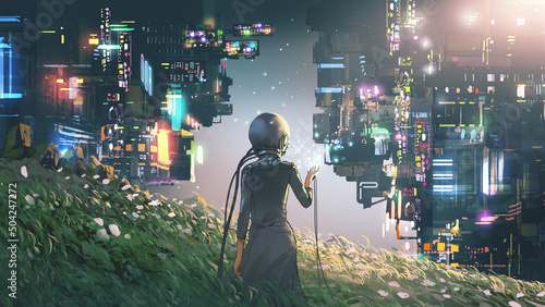 Woman wearing a futuristic helmet standing in a virtual world, digital art style, illustration painting