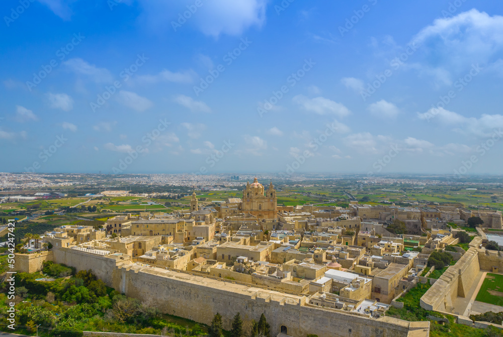 Aerial panorama view of the town of Mdina fortress in Malta also called Silent city. Ancient medieval walled city - the capital city of Malta in medieval times
