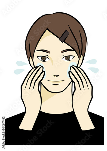 メイクをする男性の手描きイラスト（洗顔・化粧水）