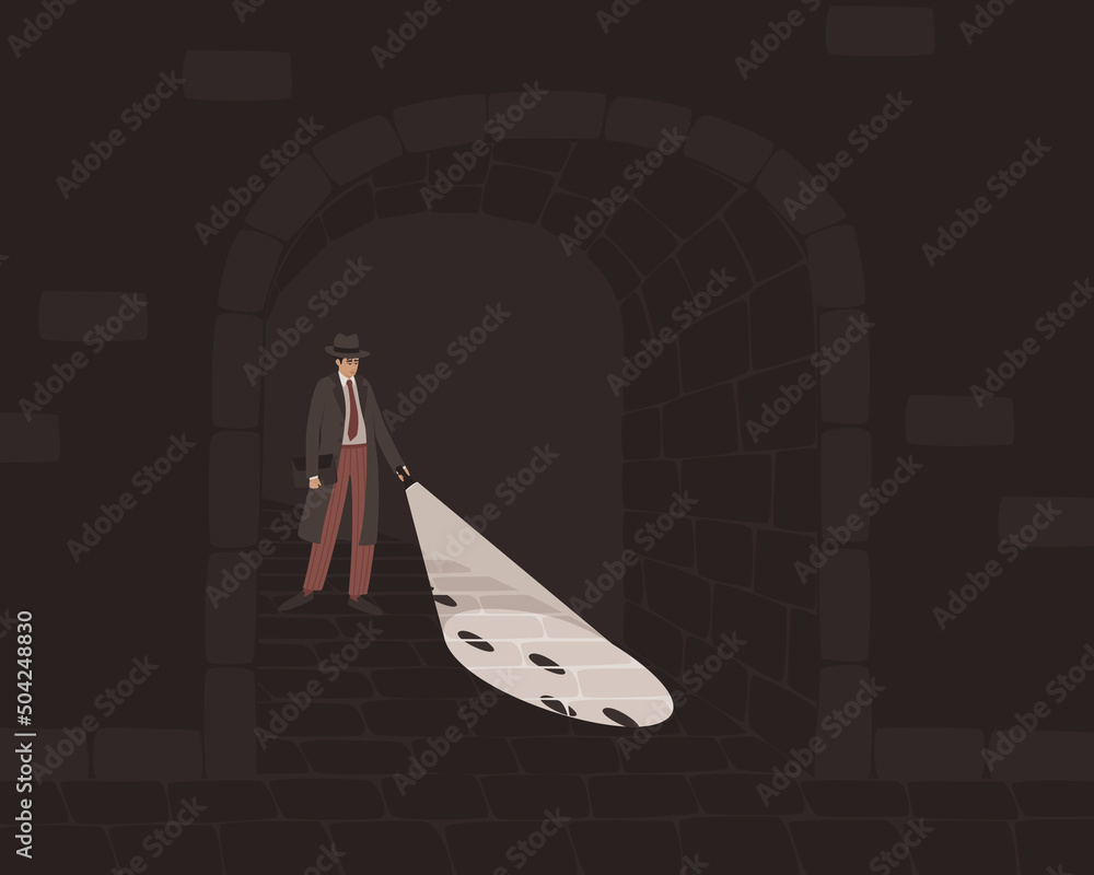 A detective with a flashlight in the arch of the house. Searching for footprints in the dark. The concept of crime investigation. Dark background. Flat vector illustration. - obrazy, fototapety, plakaty 