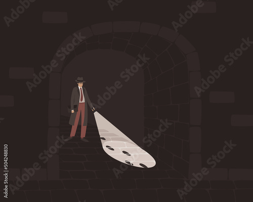A detective with a flashlight in the arch of the house. Searching for footprints in the dark. The concept of crime investigation. Dark background. Flat vector illustration.
