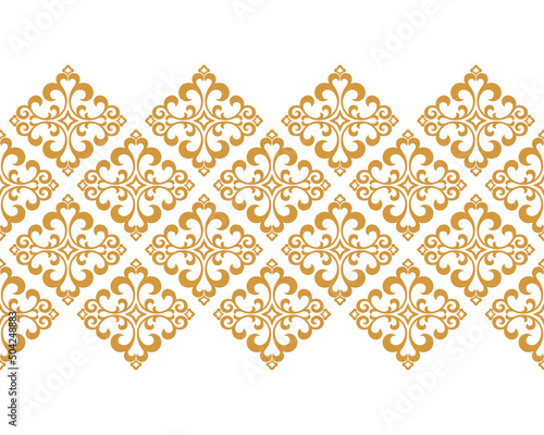 Wallpaper in the style of Baroque. Seamless vector background. White and gold floral ornament. Graphic pattern for fabric, wallpaper, packaging. Ornate Damask flower ornament