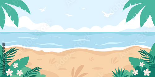 Tropical beach landscape. Hello summer  summer vacation. Ocean shore. Hand drawn vector illustration
