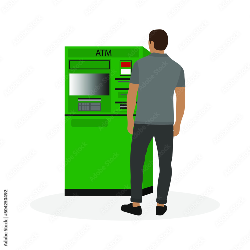 Male character stands near an ATM on a white background Male character stands near an ATM on a white background