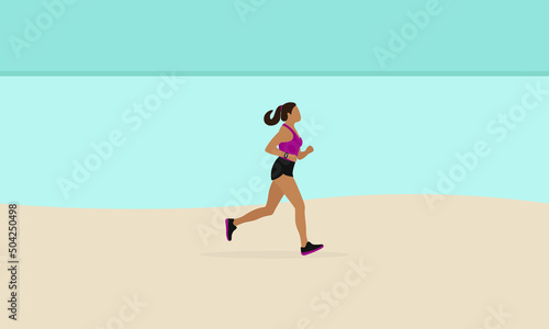 Female character in sportswear running on the beach