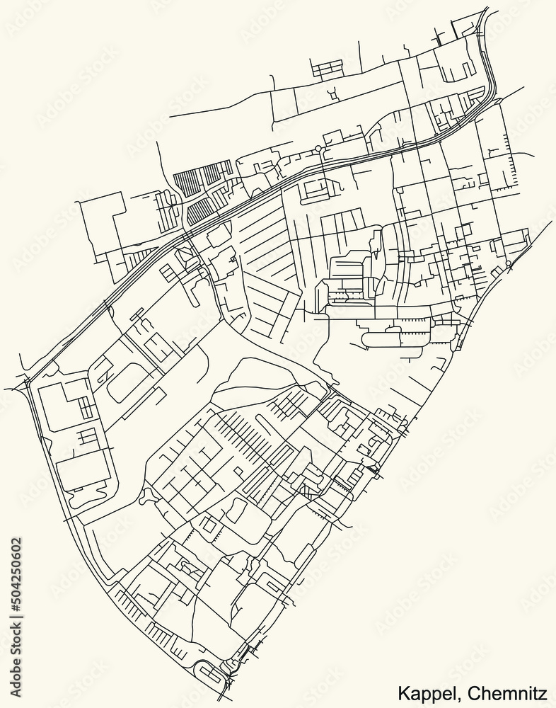 Detailed navigation black lines urban street roads map of the KAPPEL DISTRICT of the German regional capital city of Chemnitz, Germany on vintage beige background