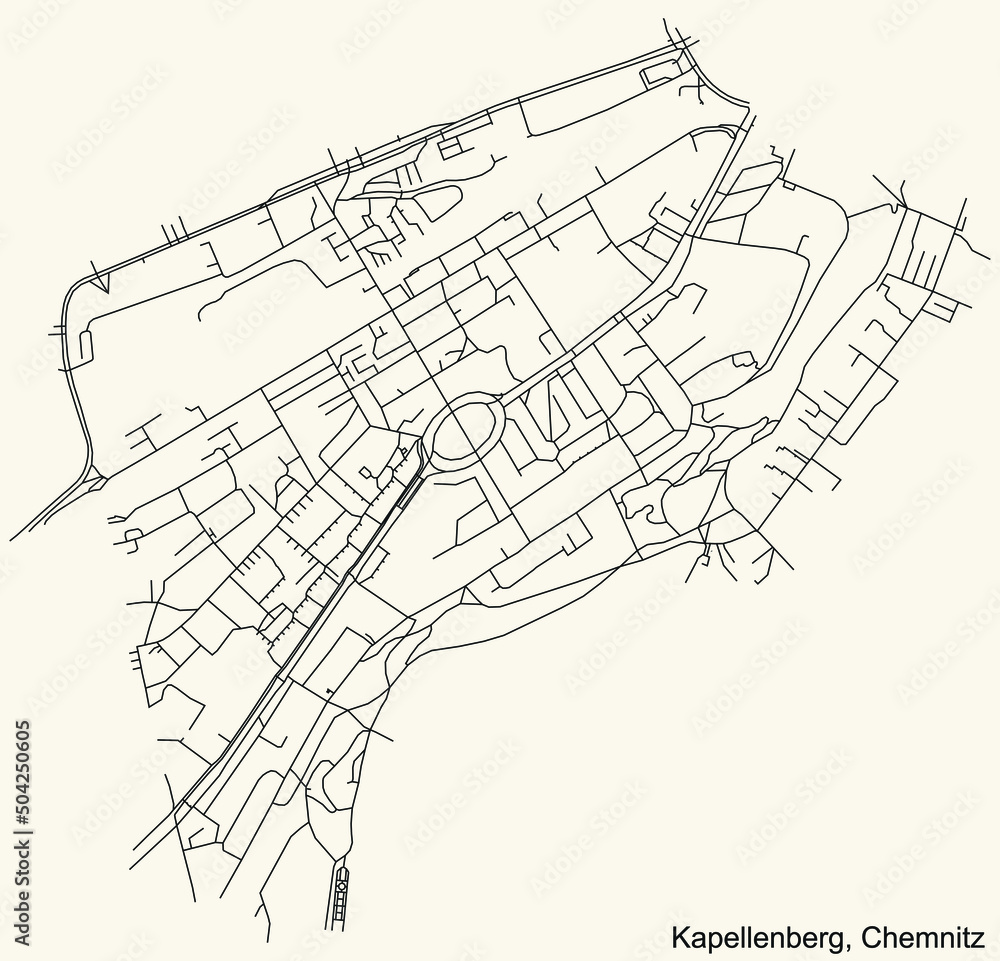 Detailed navigation black lines urban street roads map of the KAPELLENBERG DISTRICT of the German regional capital city of Chemnitz, Germany on vintage beige background