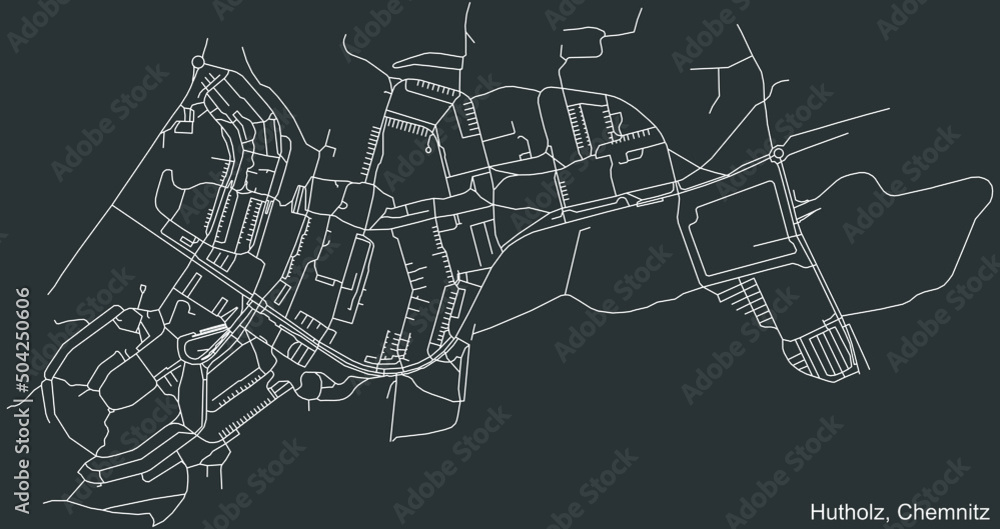 Detailed negative navigation white lines urban street roads map of the HUTHOLZ DISTRICT of the German regional capital city of Chemnitz, Germany on dark gray background