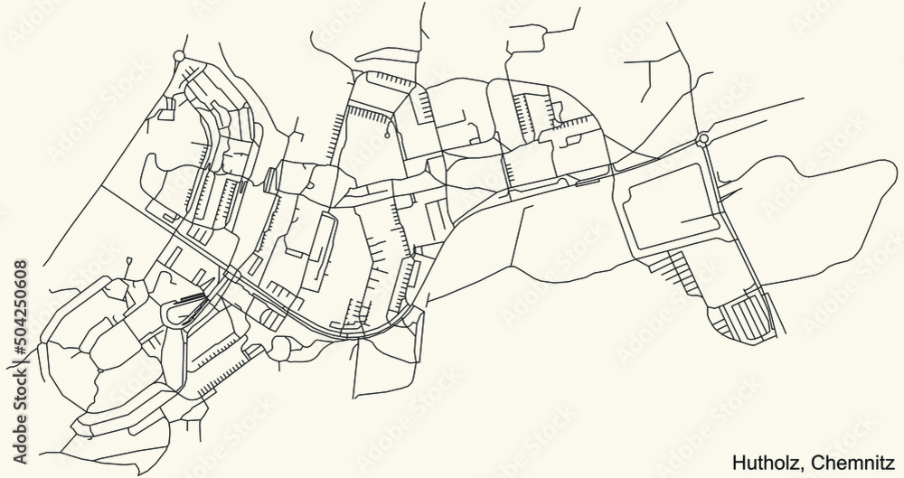 Obraz premium Detailed navigation black lines urban street roads map of the HUTHOLZ DISTRICT of the German regional capital city of Chemnitz, Germany on vintage beige background