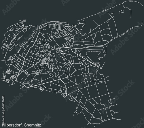 Detailed negative navigation white lines urban street roads map of the HILBERSDORF DISTRICT of the German regional capital city of Chemnitz, Germany on dark gray background