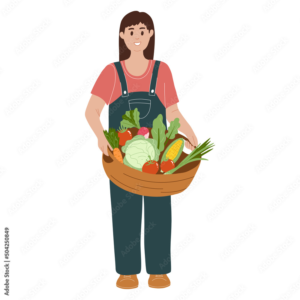 Vector illustration of young woman holding basket with vegetables. Farmer girl enjoy gardering in flat hand drawn style isolated on white background Vector illustration of young woman holding basket with vegetables. Farmer girl enjoy gardering in flat hand drawn style isolated on white background