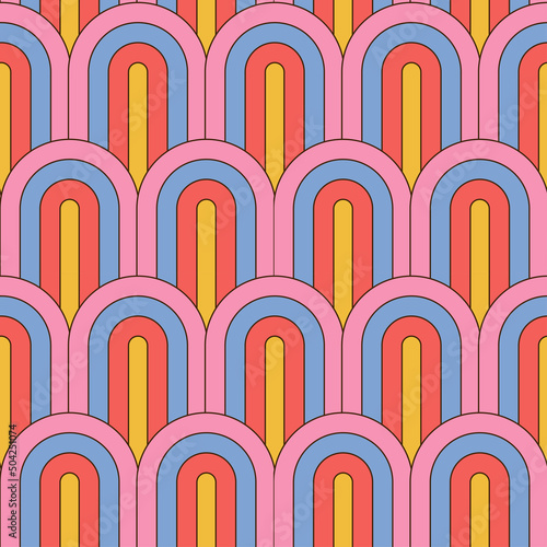 Retro summer 70s rainbow stripes seamless pattern. Retrowave 80s art retro background. Striped arches in groovy 1970s style. Abstract geometric vector illustration..