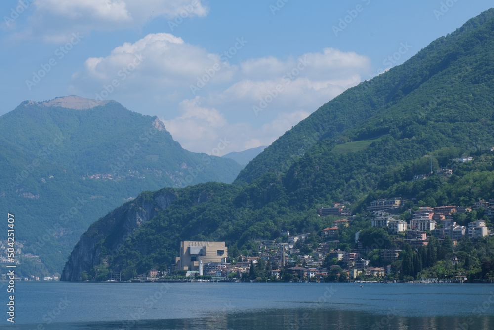Panorama di Campione d'Italia da Melide, Canton Ticino, Svizzera.