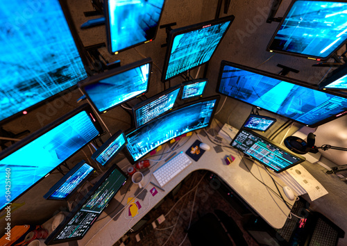 Fotografie, Obraz close up on workstation in the hacker room background bird eye view