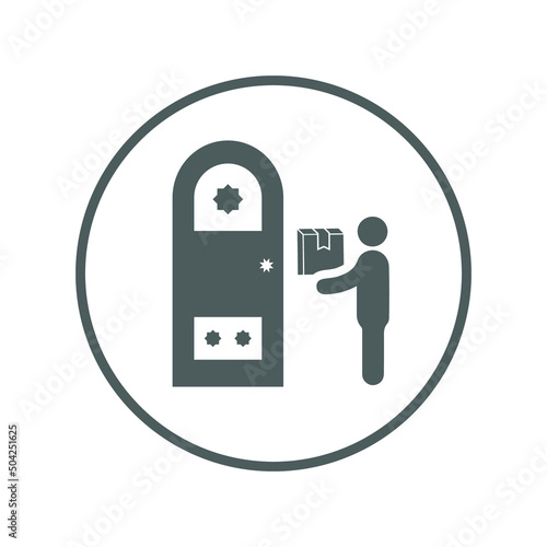 Delivery, deliveryman, door icon. Gray vector sketch.
