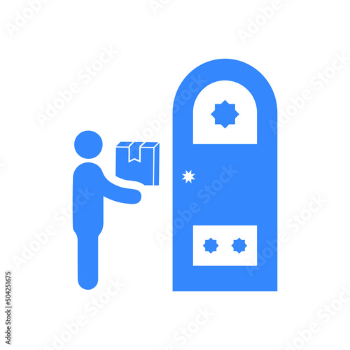 Delivery, deliveryman, door icon. Blue vector sketch.