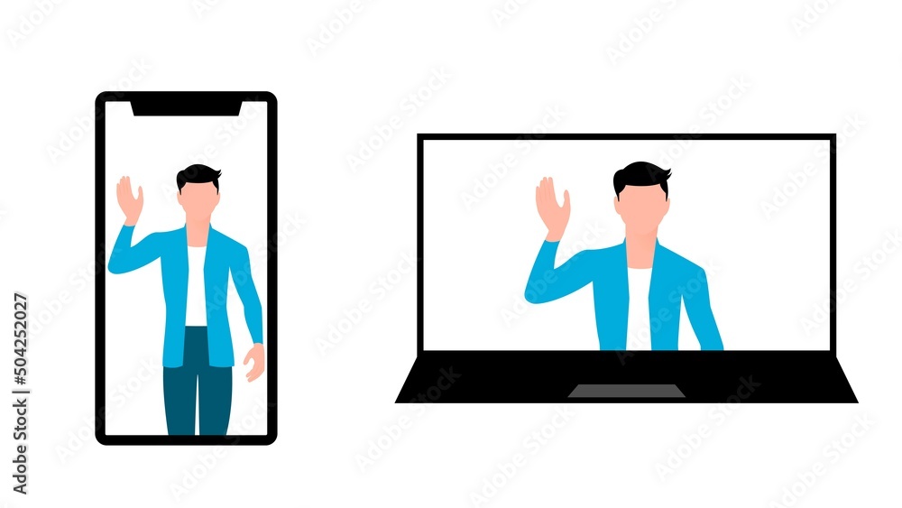 man waving hand from phone and laptop, business character vector illustration on white background. man waving hand from phone and laptop, business character vector illustration on white background.