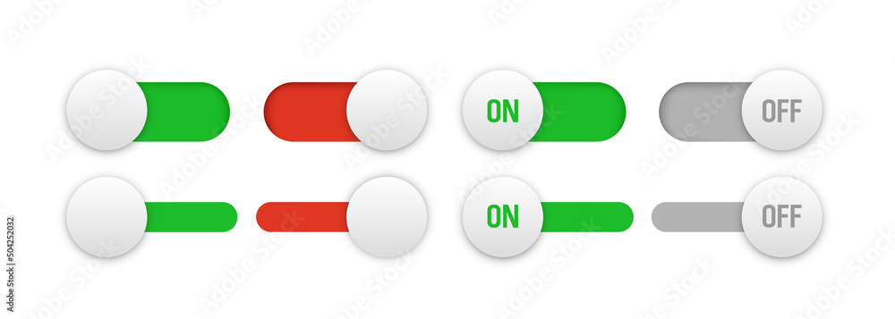 Toggle button big set. Switch On Off set. Vector clipart isolated on white background.	