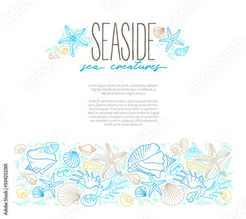 Vector frame, border of line art tropical sea elements, seashells, starfish. Doodles of marine life. Sea decor. Ocean invertebrates, sea creatures. Maritime illustration