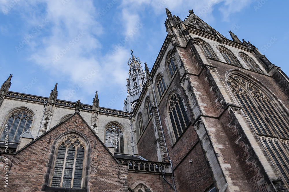 St. Bavo Church (Sint-Bavokerk, Grote Kerk) is in the center of Haarlem’s main square, Grote Markt. First built as Catholic church in 1245, enlarged in 1559. Haarlem, North Holland, the Netherlands.