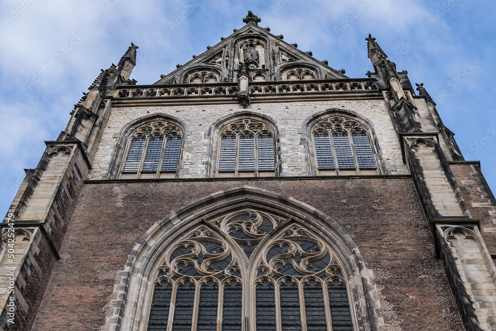 St. Bavo Church (Sint-Bavokerk, Grote Kerk) is in the center of Haarlem’s main square, Grote Markt. First built as Catholic church in 1245, enlarged in 1559. Haarlem, North Holland, the Netherlands.