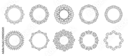 Set of decorative frames Elegant vector element for design in Eastern style, place for text. Floral gray and white borders. Lace illustration for invitations and greeting cards