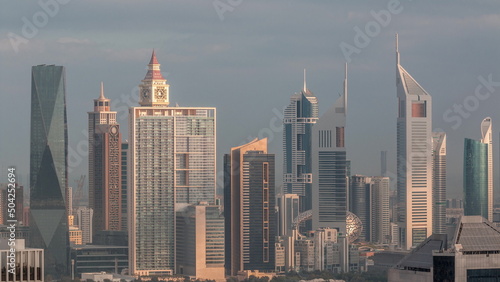 Rows of skyscrapers in financial district of Dubai aerial timelapse.