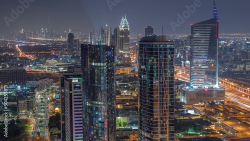 Aerial view of media city and internet city night timelapse from Dubai marina.