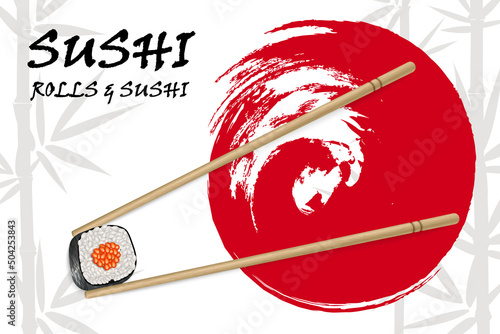 Vector realistic image of sushi with bamboo sticks on the background of bamboo and red circle brushstroke. Restaurant sushi menu background. Sushi advertisement