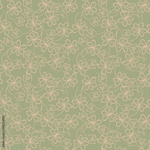 Trendy vector floral seamless pattern. Abstract background with openwork scattered delicate flowers on an olive background. Elegant repeating design for decor, wallpaper, packaging, textile, tiles