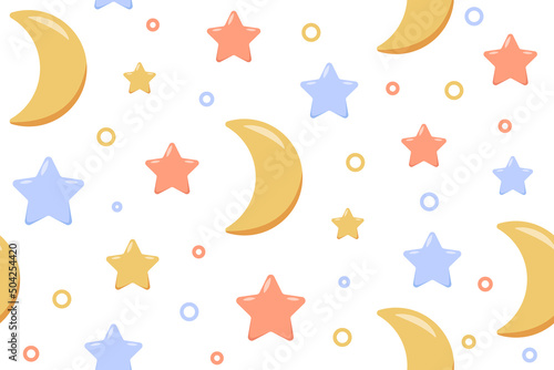 Bright moon and Multicolored stars. Seamless pattern for nursery, baby clothes, textiles, wrapping paper, postcards. Starry sky. Cute baby background, vector cartoon illustration