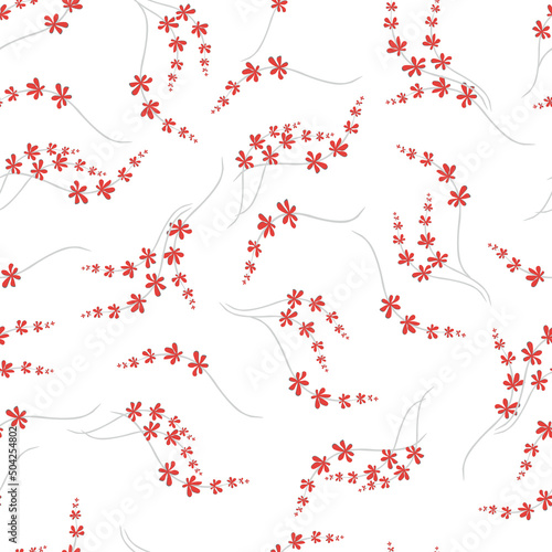 Beautiful Ditsy pattern. Vector floral seamless texture. White background with simple small red flowers on the branches. Liberty style wallpaper. Graceful ornament. Elegant design for decor, fabric