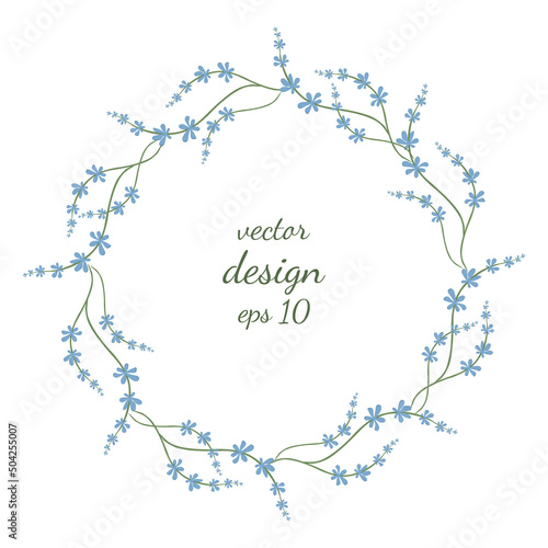 Vector floral wreath. Delicate simple frame with light blue branches of wildflowers in a watercolor style. Illustration on a white background. Beautiful design for wedding decor, invitation card