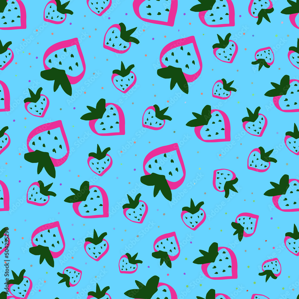 Naklejka premium Hand drawn cute seamless pattern fruits- strawberry and color dots on white background. Vector illustration. Hand drawn doodle fruit pattern background