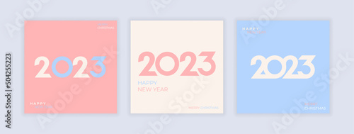 Happy New year 2023 minimalistic poster set in postel color