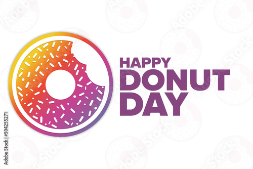 Happy Donut Day. Holiday concept. Template for background, banner, card, poster with text inscription. Vector EPS10 illustration.