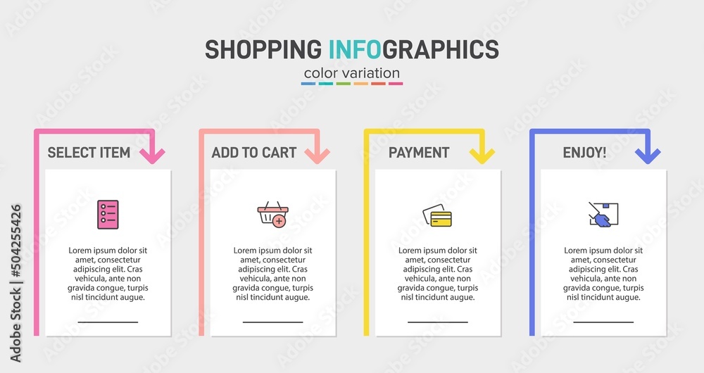 Concept of shopping process with 4 successive steps. Four colorful graphic elements. Timeline design for brochure, presentation, web site. Infographic design layout.