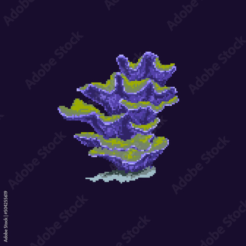 Pixel coral. Sea plant isolated on dark background. Vector