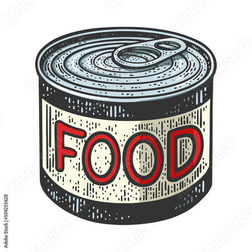canned food tin color sketch engraving vector illustration. T-shirt apparel print design. Scratch board imitation. Black and white hand drawn image.