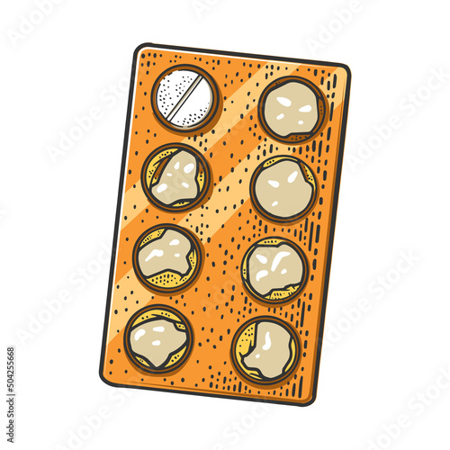 Last pill tablet drug in blister pack color sketch engraving vector illustration. T-shirt apparel print design. Scratch board imitation. Black and white hand drawn image.