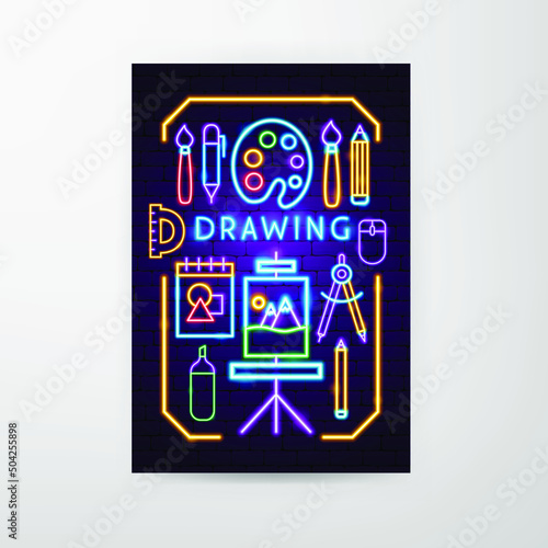 Drawing Neon Flyer. Vector Illustration of Art Promotion.