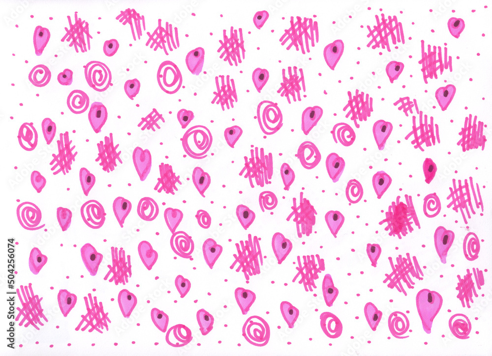 Valentine's Day handwritten background. Marker drawn different heart shapes and silhouettes. Valentine's Day handwritten background. Marker drawn different heart shapes and silhouettes.