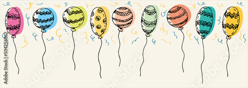 Banner od Hand Drawn cute balloons isolated on background. Template for postcard, banner, poster, web design. Doodle cartoon vector illustration.