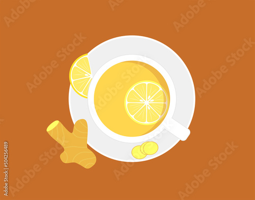 Ginger tea in a white cup and ginger root with lemon. Warming drink to strengthen the immune system. Top view. Flat vector illustration