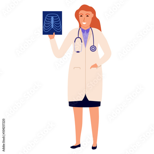 Medical doctor looking at x-ray picture.Radiologist looking at human xray.Female doctor with health scan.Medical worker analyzes results of medical checkup.Vector flat illustration.